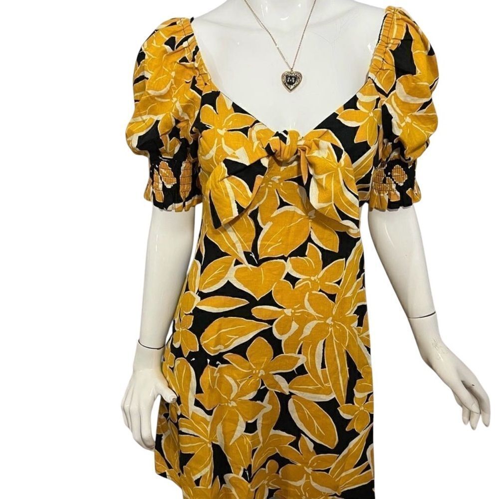 NWT Who What Wear Black/Yellow Linen Floral Print Puff Sleeve Dress - XS - Picture 2 of 16